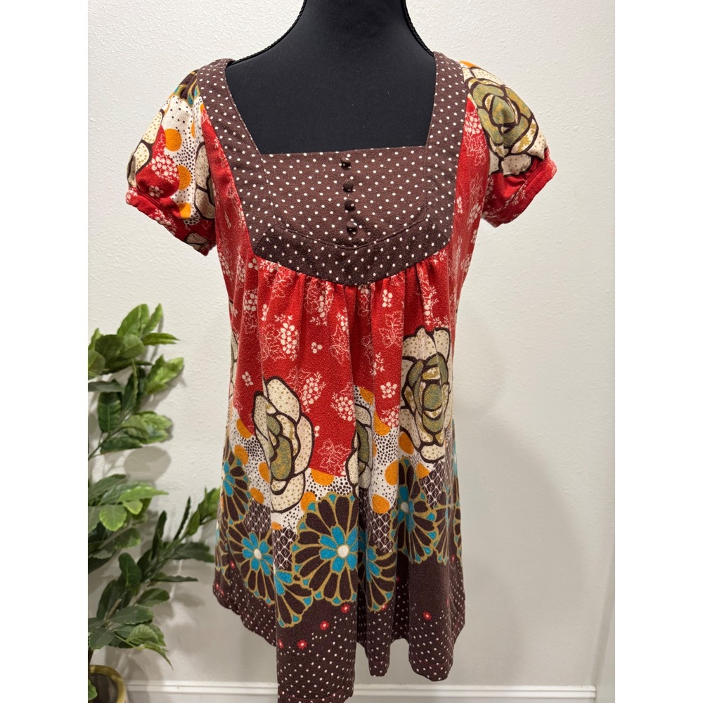 Y2K Forever Floral Polka Dot Babydoll Tunic Top Square Neck Brown Red Small